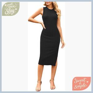 Sleeveless Bodycon Midi Dress Ribbed Knit Side Slit Crew Neck Slim Fit